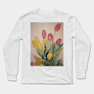 Tulips in pink and yellow watercolour with their leaves. Long Sleeve T-Shirt